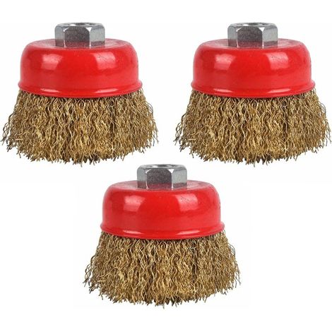 Lot de 3 brosses rotatives en acier pour l'élimination de la rouille- compatibles avec les forets et les meuleuses d'angle- revêtement en laiton- M14 65 mm (1/4)