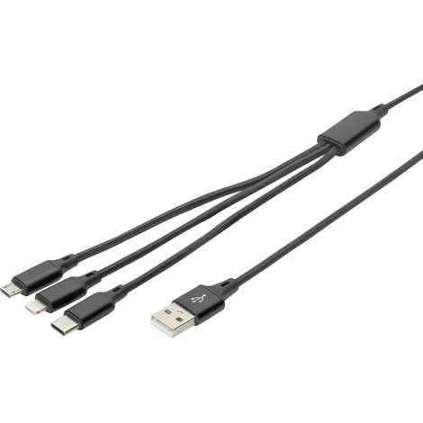 Digitus Câble de charge USB Connecteur Lightning , USB-A mâle, USB-C® mâle, USB-Micro-B mâle 1.00 m noir blindage par tresse extrêmement robuste Y446412 (1/5)