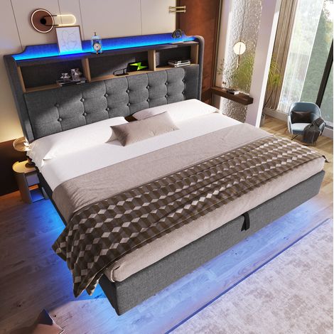 lit superposé 180/200 cm gris avec LED, coffre hydraulique et ports USB/Type-C (1/5)