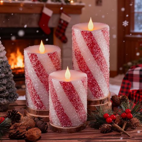 Lot de 3 Bougies LED Noël Style Sucre d'Orge, Rayures Rouge et Blanc, Effet Flamme Vacillante, Cire Véritable, Décoration (1/5)