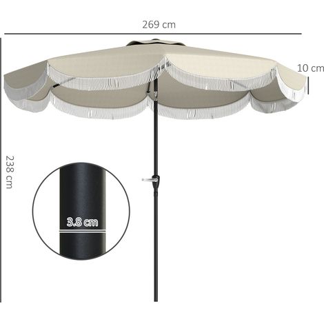 Parasol de jardin rond, 2,7 x 2,4 m, avec manivelle, en métal et polyester, gris clair. (1/5)