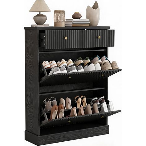 Gain de place - Meuble à chaussures étroit avec 2 tiroirs abattants + 1 grand tiroir bonjourérieur, étagères réglables/amovibles - Design cannelé moderne - Coloris : Noir (1/5)