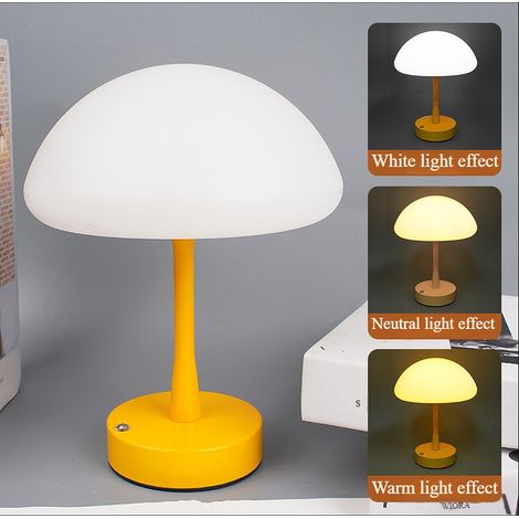 Lampe de table champignon rechargeable lumière blanche, base jaune, lampe tactile style crème pour chevet chambre (1/4)