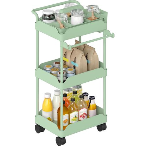 Chariot utilitaire à 3 niveaux, chariot de cuisine avec paniers amovibles et porte-serviettes, vert