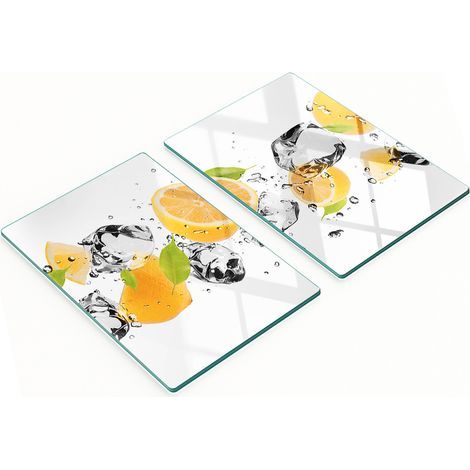 Tablas de servir de cristal para cocina con dibujos de limones y agua, 2 x 40 x 52 cm.