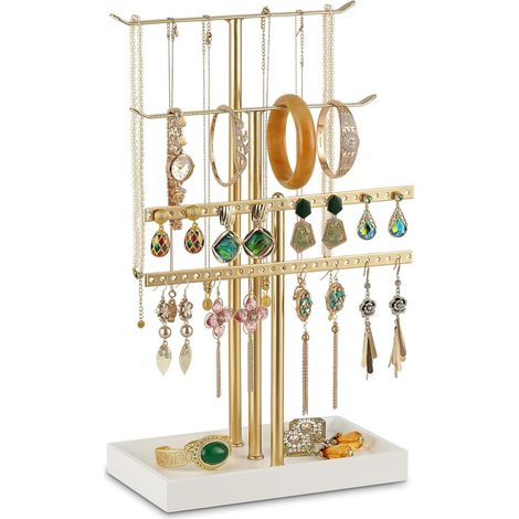 Présentoir à bijoux, doré, 37 cm, porte-bijoux, rangement de bijoux, 4 arbres à bijoux en forme de T, support de boucles d'oreilles, support de collier, organisateurs de bijoux pour colliers, bracelet (1/5)