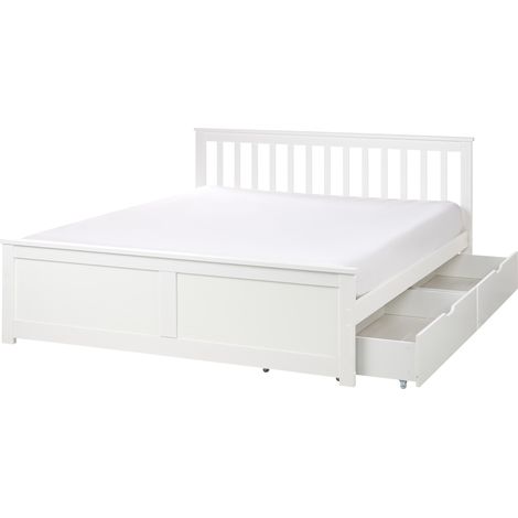 Cama con somier de madera de pino MDF minimalista con almacenaje 2 cajones 160 x 200 cm blanco Olendon