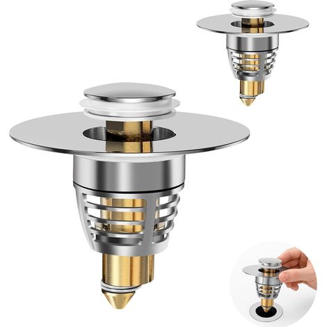 Paquete de 2 tapones universales para lavabo de baño con filtro de cesta antiobstrucción, tapón emergente para lavabo, tapón de desagüe para lavabo (1/5)