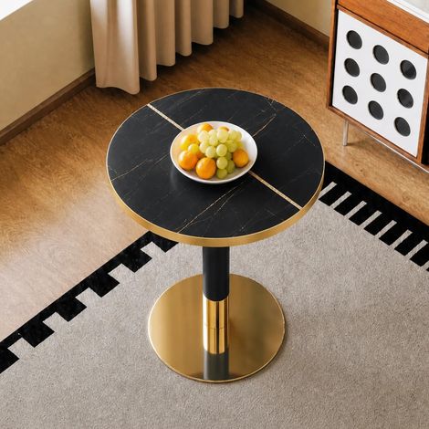 Table d'appoint ronde moderne, plateau effet marbre avec bordure dorée, structure métallique robuste noire et dorée, idéale comme table basse, table de chevet ou table de balcon. (1/5)