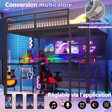 Lit mezzanine 140x200 cm, cadre en métal noir, avec bande LED multicolore, bureau intégré, 1 port USB + 1 USB-C et 2 prises électriques, panneau perforé, sans matelas. (1/5)