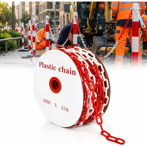 Chaîne de signalisation rouge et blanc en plastique 25 m x 8 mm pour barrières temporaires résistant aux UV pour installations extérieures (1/5)
