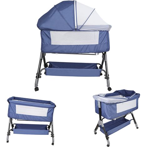 Lettino 2 in 1 con materasso, lettino per bambini, altezza regolabile, lettino per bambini piccoli con ruote, blu navy (1/5)