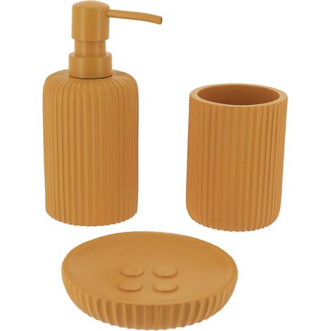 Set de vaso dosificador y jabonera en poliresina rayada - mostaza - Tendance (1/2)