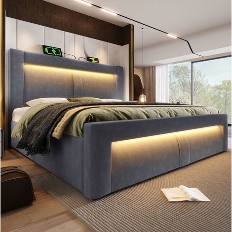 Bett Doppelbett 160x200 Stauraum LED Ladeanschluss Grau HAVRYA (1/5)
