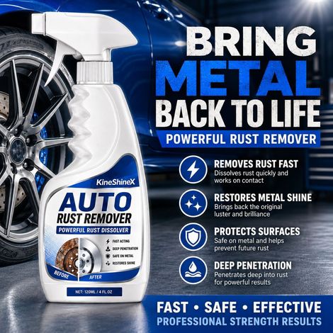 KineShineX Auto Rostentferner löst kraftvoll Rost auf Fahrzeugoberflächen, entfernt Rost von Felgen, bringt Metallteile zum Glänzen und beugt Rostbildung vor. (1/5)