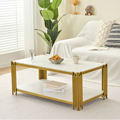 Tavolino rettangolare bianco e oro con piano effetto marmo e 2 ripiani (1/5)