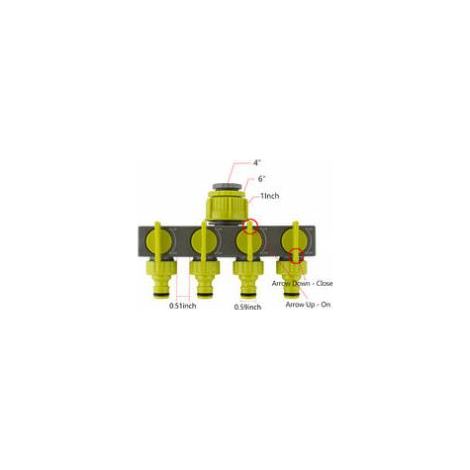 Connecteur de tuyau d'arrosage à 4 voies, connecteur de tuyau, distributeur d'eau avec 4 interrupteurs indépendants pour système d'arrosage de robinet extérieur (vert et gris) (1/4)