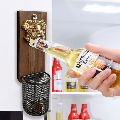 Apribottiglie magnetico da parete dal design creativo a forma di testa di elefante, apribottiglie retrò in legno massello, apribottiglie multifunzionale in lega di zinco per bevande e birre per uso do (1/2)