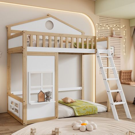 Lit superposé cabane 90x200 cm bois blanc et naturel avec toit, escalier et sécurité enfant (1/5)