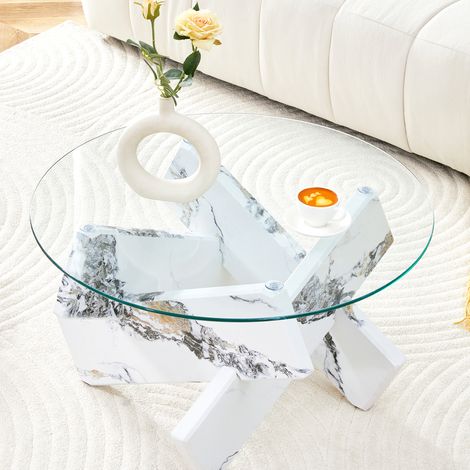 Couchtisch, 79x79x45 cm, runde Glasplatte, Kreuzgestell, MDF mit Marmoreffekt, Transparent Weiß (1/5)