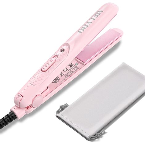 Mini Lisseur Cheveux Court, Portable Voyage Mini Lisseur pour Cheveux Courts/Frange, 210°C, Double Tension, Chauffage Rapide, Céramique Fer a Lisser et Bigoudi 2 en 1, Rose (1/5)