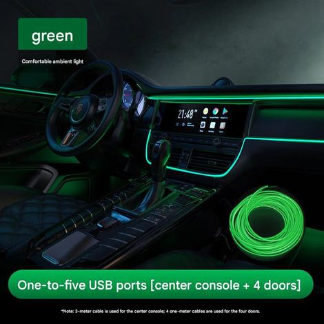 Kit Éclairage Ambiance LED Intérieur Voiture USB – Bande Lumineuse Néon pour Tableau de Bord et Portières Automobile (Kit Vert 1 vers 5 avec Console Centrale + 4 Portières USB) Vert