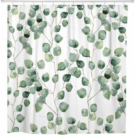 Rideau De Douche - Polyester Imperméable - Motif Feuilles D Eucalyptus Et Succulentes - 183 X 183 Cm - Avec Crochets - 1 Piece