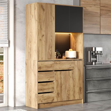Mueble alto moderno 105×40x185 cm con estantes regulables, iluminación LED mando a distancia y enchufe color madera natural (1/5)