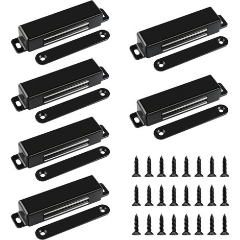Lot de 6 loqueteaux magnétiques extra puissants 40 kg, loqueteaux de porte magnétiques ultra fins, en acier inoxydable, pour portes d'armoire, armoires de cuisine et tiroirs, portes coulissantes, noir (1/5)