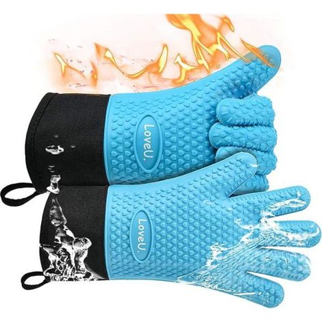 Gants de Cuisine Silicone et Coton Double Couche Gants de BBQ résistants à la Chaleur/Gants de Cuisson/Gants de Bleu S (1/4)