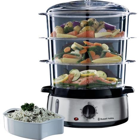 Cuiseur Vapeur [Grande capacité] Cook@Home (800W, 9 L, 3 niveaux, 1 panier cuiseur de riz + 6 supports à œufs incl., écran digital, minuterie programmable, 3 Paniers sans BPA) 19270-56 (1/2)