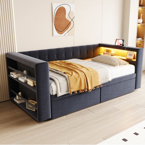 Lit de jour gris 90x190 cm avec 2 tiroirs – Canapé-lit avec LED et rangement – sommier à lattes structure métal – tissu gris (1/4)