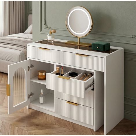 Coiffeuse 90-160x40x75 cm blanche en MDF avec miroir LED tactile et plateau extensible (1/5)