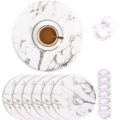 Lot de 6 Sets de Table et Dessous de Verre en marbre en Cuir synthétique imperméables et faciles à Nettoyer pour la Cuisine, la Table à Manger, Table Ronde (1/5)