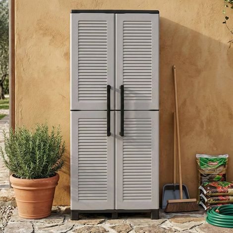 Dmora - Armadio da esterno Askan, Armadio porta scope, Mobile outdoor 2 ante, 100% Made in Italy, 68x37h169 cm, Grigio chiaro e Nero, Finitura righe (1/5)
