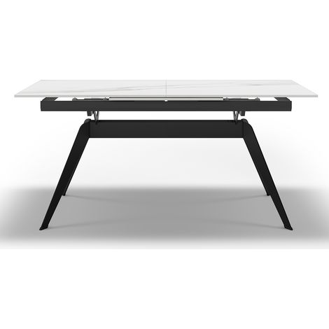 Table à manger, table de repas extensible en céramique coloris blanc, pieds en métal noir - Longueur 160-220 x Profondeur 90 x Hauteur 76 cm (1/5)