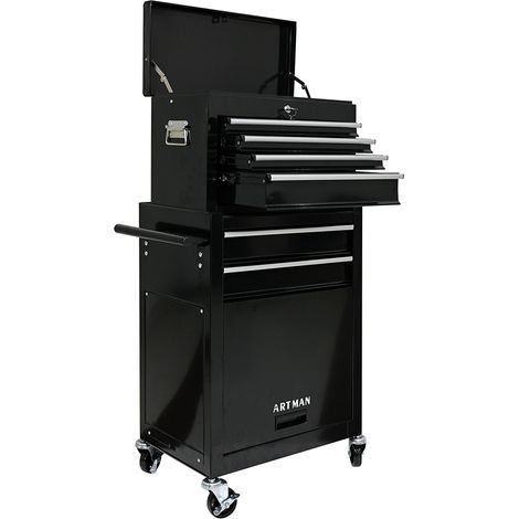 Boîte à outils Coffre roulant haute capacité avec roulettes et tiroirs armoire de rangement à 6 tiroirs Noir (1/5)