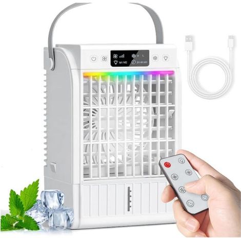 Mini Climatiseur Portable 4 en 1, Petite Clim avec Télécommande, 4 Vitesses, 2 Modes de Brume, 1500 ml, Minuterie 1/2/3 H, 7 LED Couleur, USB, Ventila (1/5)