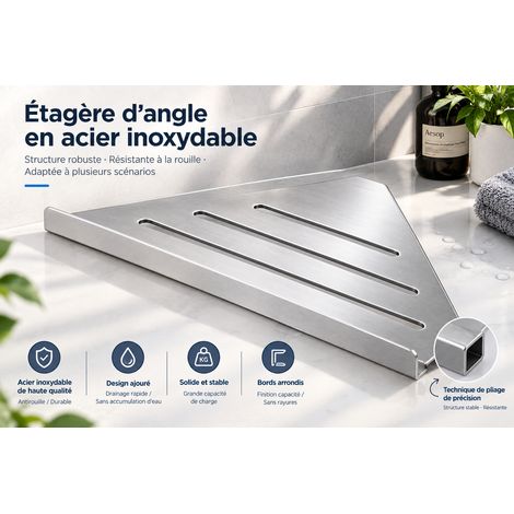 Stainless steel shower shelf – Easy wall mounting with included screws – 305 x 205 mm – Space-saving 90° corner design – 0zOF9NVeg (1/4)