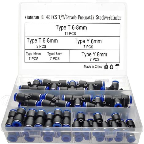 42-teiliges Druckluft Steckverbinder Set (6 mm / 8 mm) – Pneumatik Schnellkupplung T/Y/I-Form mit Box (1/4)
