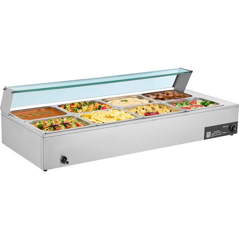Chauffe-plat professionnel électrique 1700W en inox avec couvercle en verre, bain-marie 8 bacs pour buffet, avec louches à soupe et percée, pour traiteur, restaurant et réception (1/5)