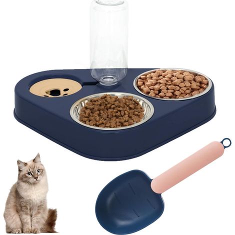 Gamelle chat 3-en-1 inox, distributeur croquettes, abreuvoir automatique, cuillère incluse, bleu