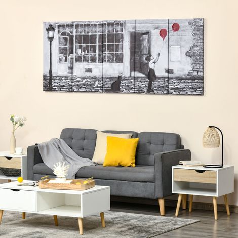 Leinwandbild mit kleinem Mädchen, 80 x 40 cm, 5-teilig, für Zuhause und Büro, Kiefernholz-Leinwand und wasserbasierte Farbe, Schwarz, Weiß, Rot