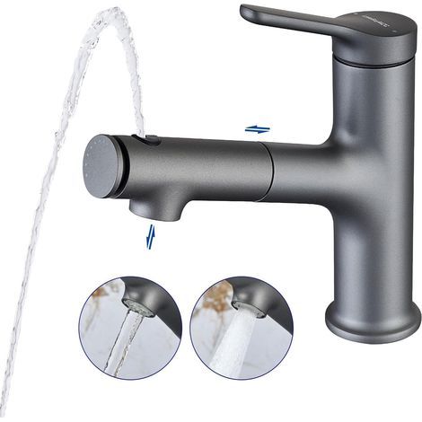 Bathroom faucet with retractable shower head, single-lever mixer tap (grey) (1/5)