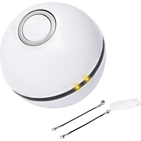 Balle électrique pour chat, en plastique, rechargeable par USB, 6 x 6 cm, adaptée aux chats, avec LED, avec 2 accessoires, cloche et plume, faible bruit, blanche (1/4)
