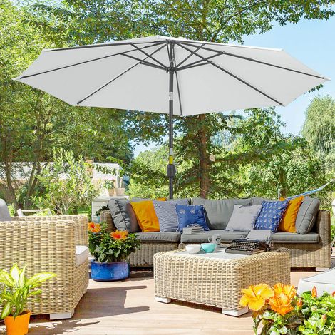 Ombrellone da giardino Outsunny Ø295x250 cm con manovella, ombrellone da esterno con meccanismo di inclinazione e palo in metallo staccabile per terrazza, piscina, patio, bianco