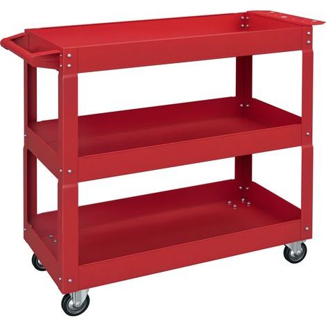 Dreistöckiger Werkzeugwagen. Vier Rollen. Stahl. 83 cm (B) x 35,3 cm (T) x 76 cm (H). Rot.