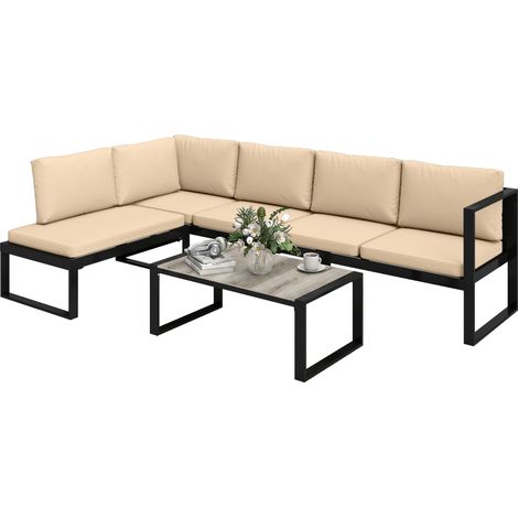 Outsunny conjunto de jardín exterior de 4 piezas, muebles jardín exterior con 2 sofás de 2 plazas, 1 sillón sin brazos y mesa de centro, cojines caqui