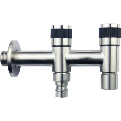 Doppelwasserhahn aus Edelstahl mit 1/2-Zoll-Drehventil für Gartenwasseranschlüsse.