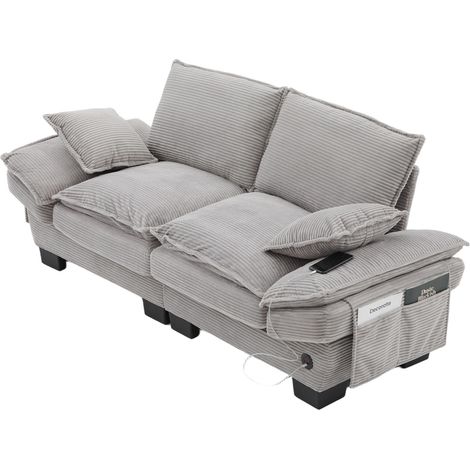 2-Sitzer-Sofa aus gerippter Samtoptik in Hellgrau mit USB-C und Seitentaschen (1/5)